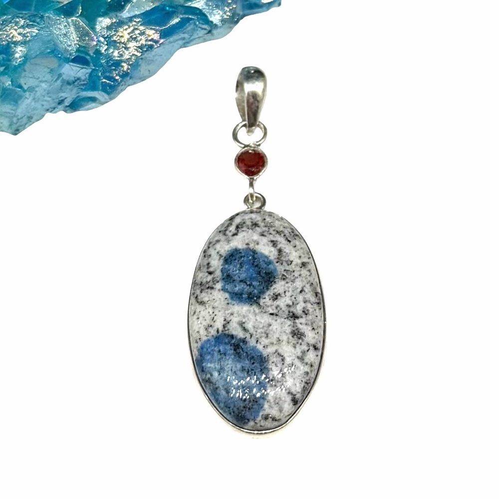 K2 Azurite in Granite & Garnet Necklace Solid 925 Sterling Silver Oval Stone